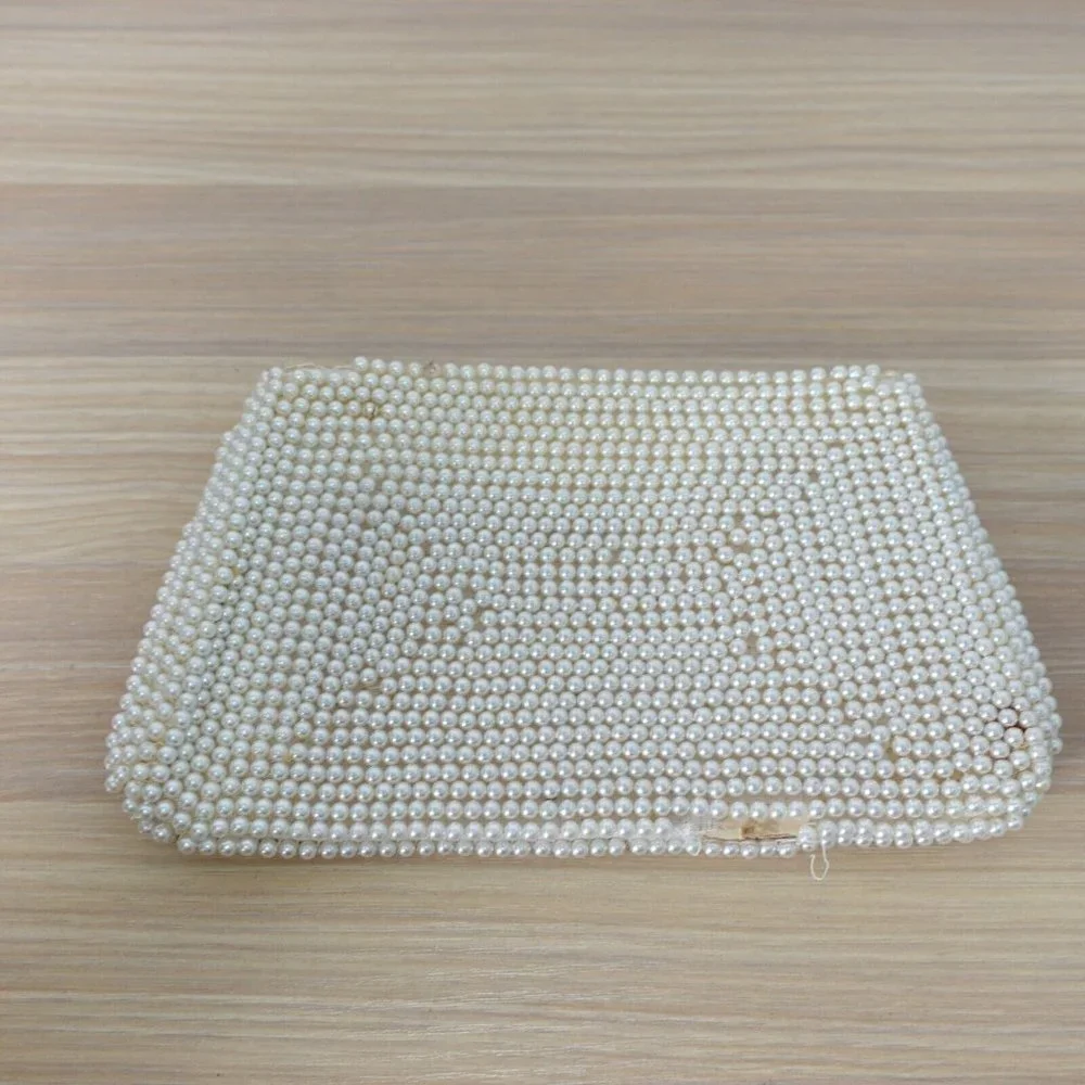 VINTAGE Boho Pearl Beaded Evening Clutch Bag Cream Art Deco Empress 70s Handmade